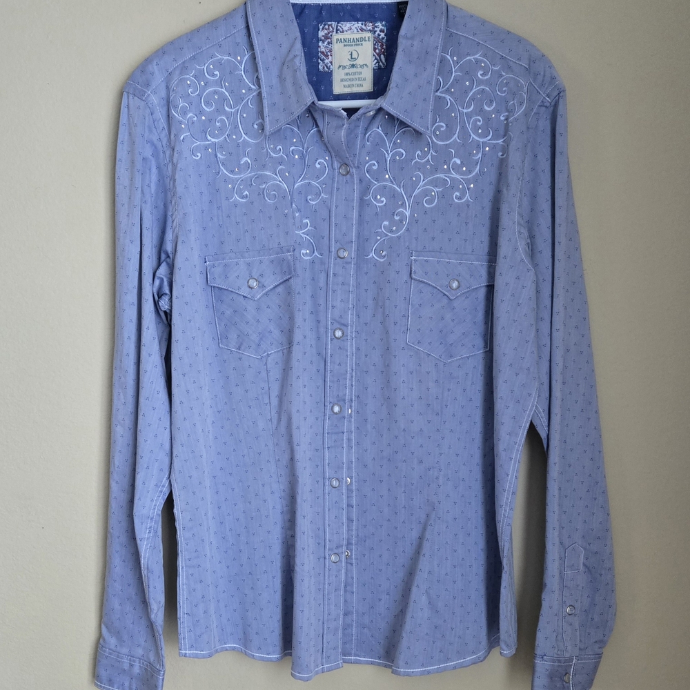 Panhandle Rough Stock Shirt Wms L Embroidered Rhinestones Clear Snaps NWOT